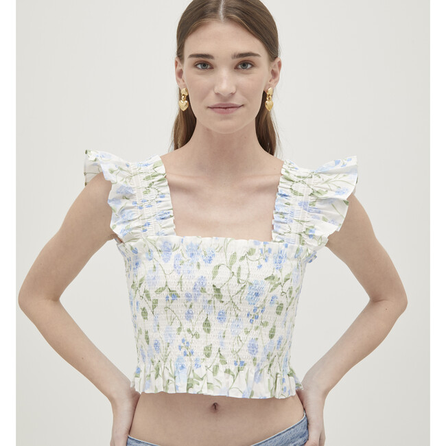 Women's Paz Cotton Poplin Peony Bouquet Print Nap Top, Blue & Green - Blouses - 2