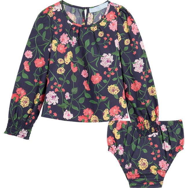 The Baby Eloise Cotton Poplin Peony Bouquet Print Dress, Navy & Multicolors