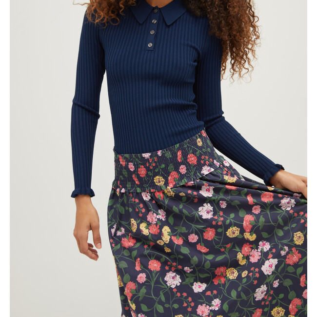 Women's Delphine Cotton Poplin Peony Bouquet Print Nap Skirt, Navy & Multicolors - Skirts - 2