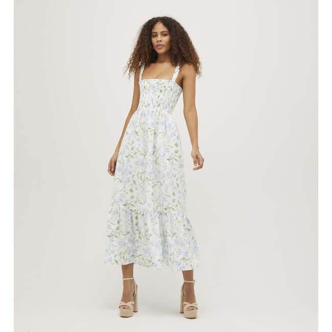 Women's Anjuli Cotton Poplin Peony Bouquet Print Nap Dress, Blue & Green - Dresses - 2