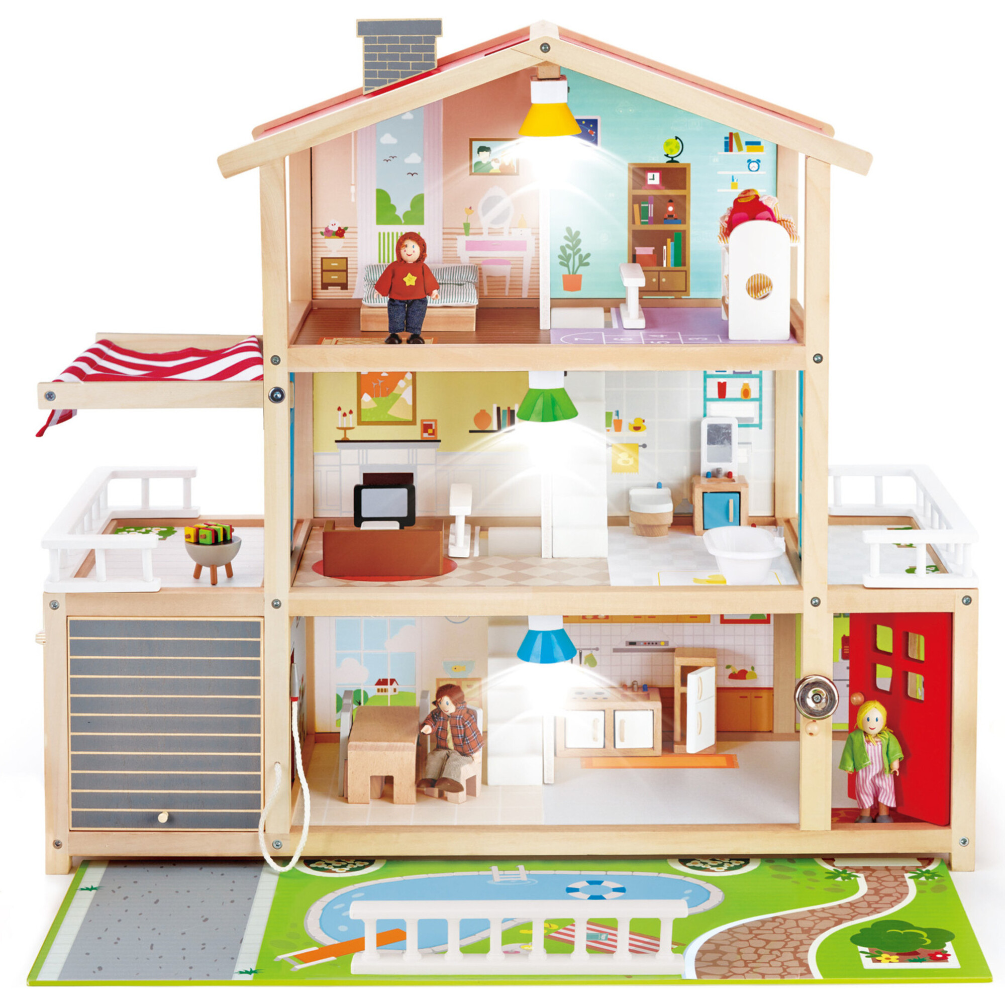Doll Family Mansion Wooden Dollhouse W/ LED Lights - Dollhouses - 1