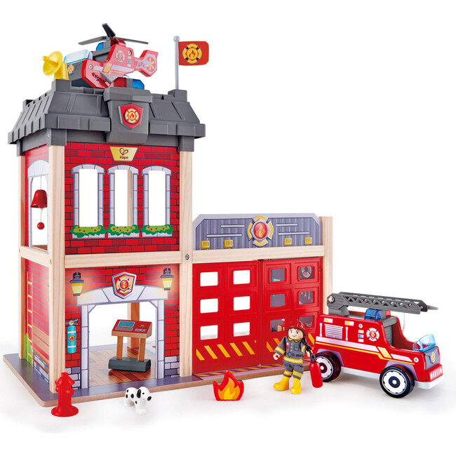 City Fire Station Dollhouse Wooden Playset, 13 Pieces