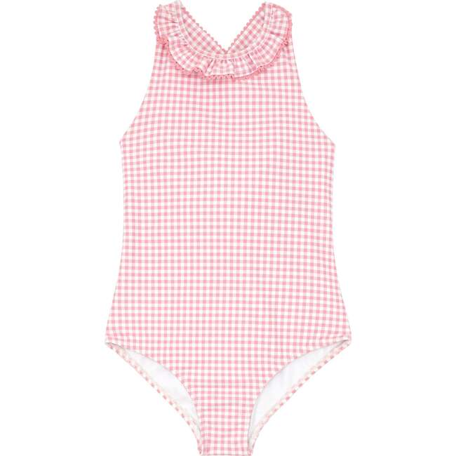 Pink Guava Gingham Ruffle Neck One Piece With Back Bow Tie