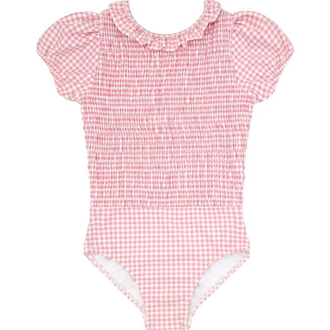 Pink Guava Gingham Puff Sleeve Smocked One Piece With Ruffle Collar