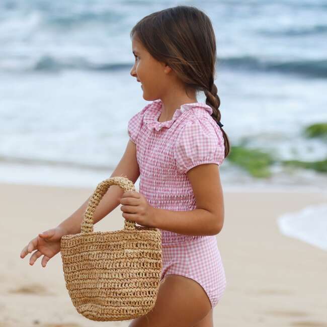 Pink Guava Gingham Puff Sleeve Smocked One Piece With Ruffle Collar - One Pieces - 3