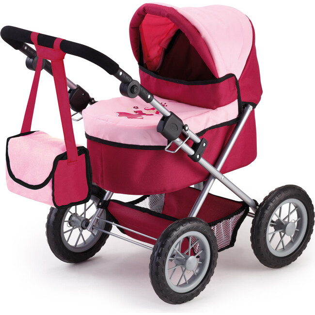 Trendy Pram Stroller for Toy Baby Dolls in Red/Pink