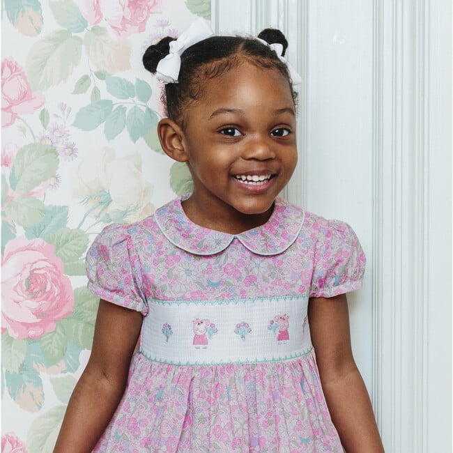 Liberty Print Peppa Smocked Party Dress, Pink Peppa Meadow - Dresses - 4