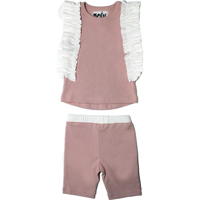 Ruffle Sleeve Top & Short Set, Pink & White
