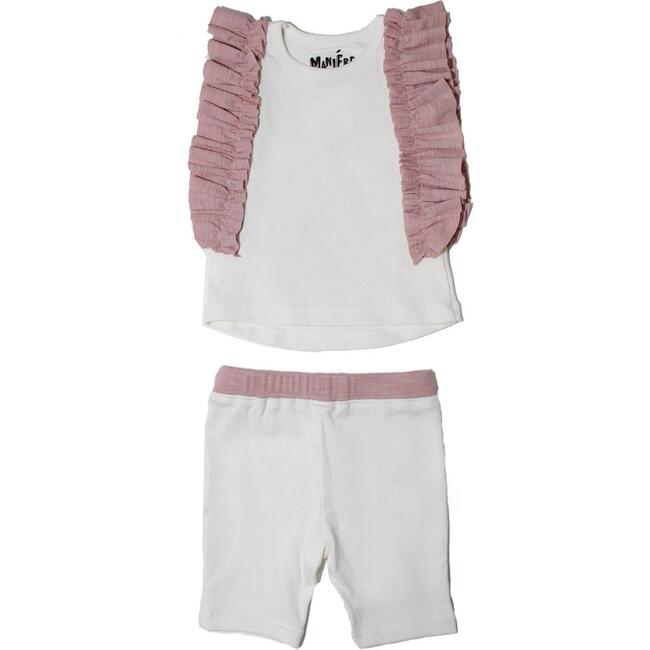 Ruffle Sleeve Top & Short Set, Ivory & Pink