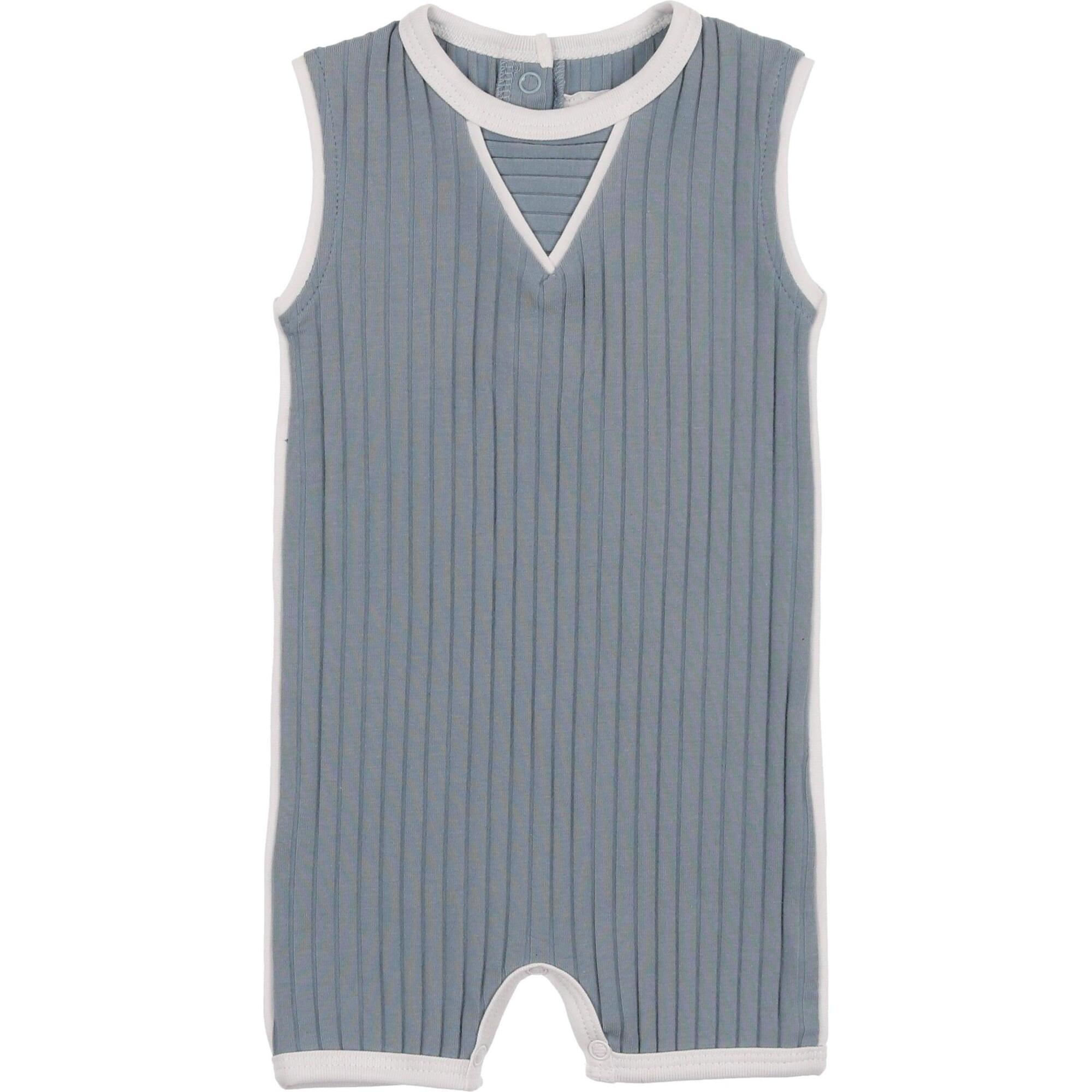 Piped Ribbed Romper, Denim Blue - Onesies - 1
