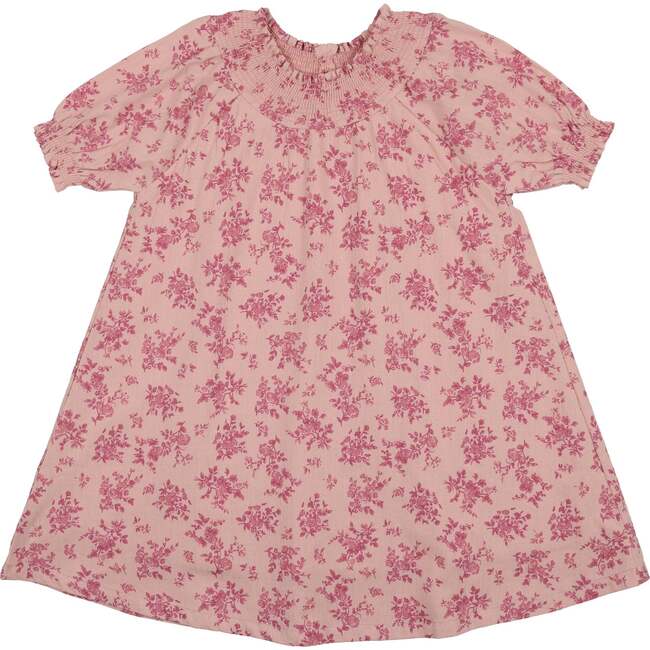 Smocked Floral Short Sleeve Dress, Fuchsia