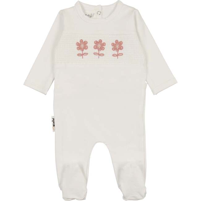 Smocked Floral Footie, White