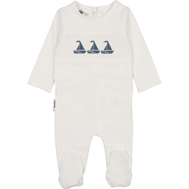 Smocked Sail Boat Footie, White
