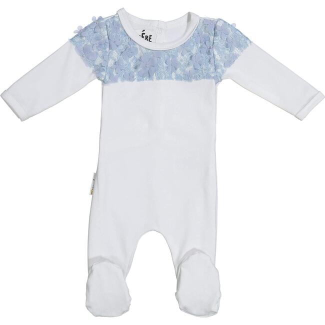 Lace Yoke Footie, White & Blue