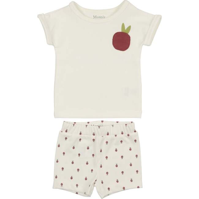 Girls Ribbed Berry Applique Tee & Short Set, White