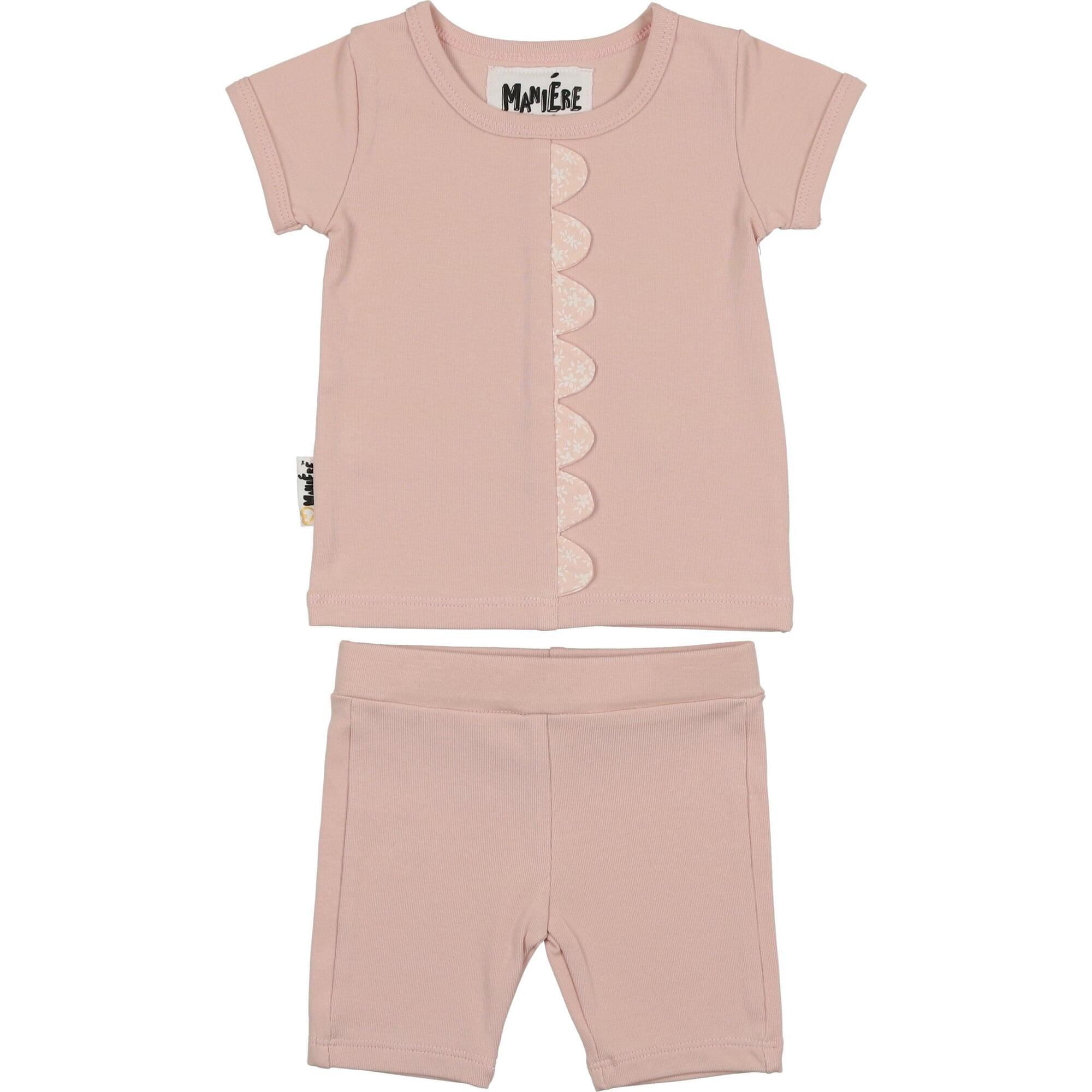 Floral Scalloped Front Top & Short Set, Pale Pink - Mixed Apparel Set - 1