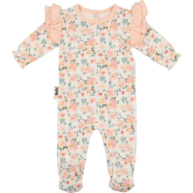 Floral Print Shoulder Ruffle Footie, White & Pink