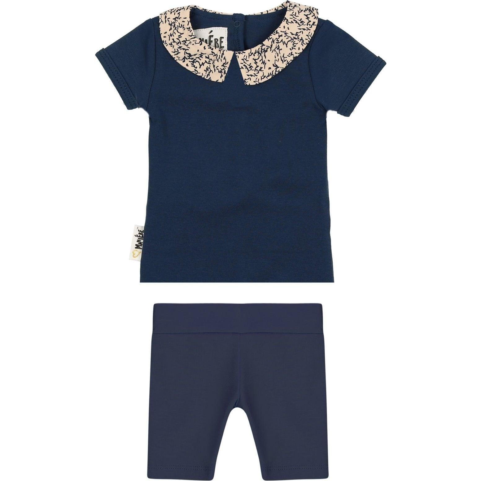 Floral Collar 2-Piece Top & Short Set, Deep Blue - Mixed Apparel Set - 1
