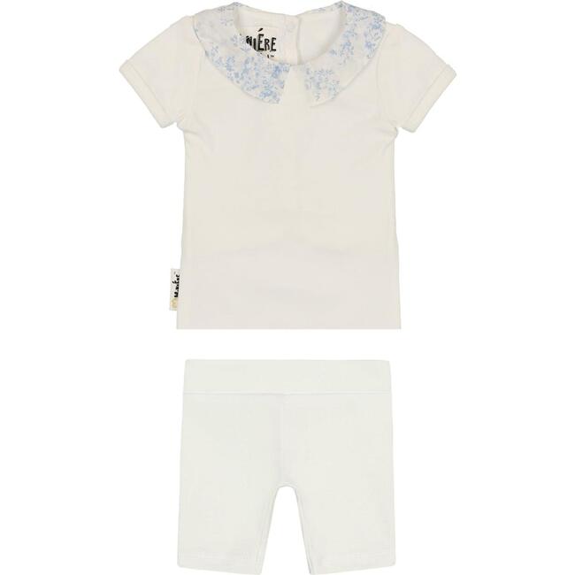 Floral Collar 2-Piece Top & Short Set, White & Baby Blue