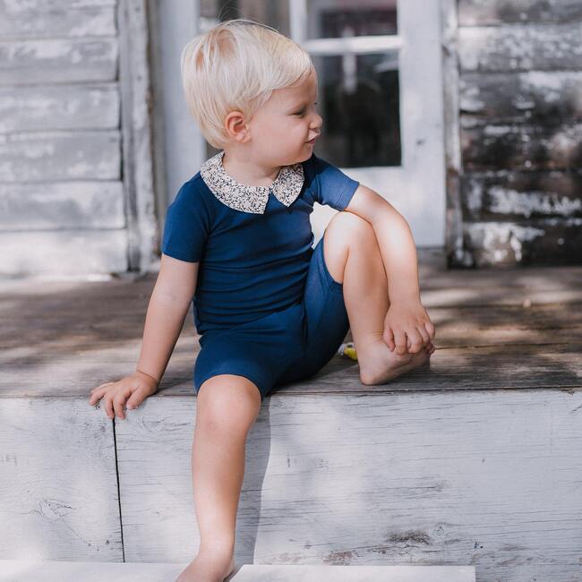 Floral Collar 2-Piece Top & Short Set, White & Deep Blue - Mixed Apparel Set - 3