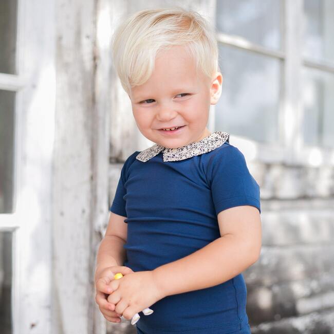 Floral Collar 2-Piece Top & Short Set, White & Deep Blue - Mixed Apparel Set - 4