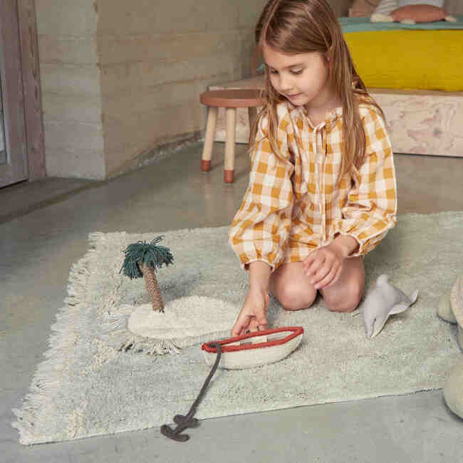 Waves Washable Rectangle Play Rug, Natural Blue - Rugs - 3