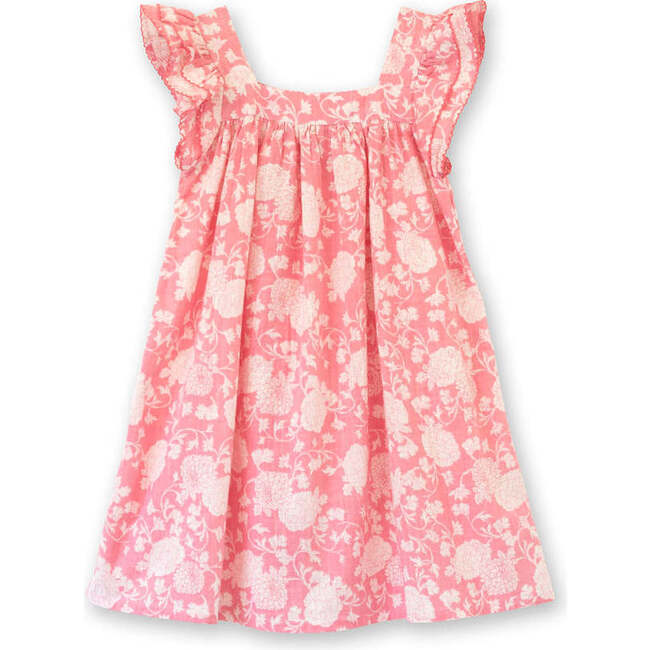 Girls Square Neck Dress, Pink and White Floral