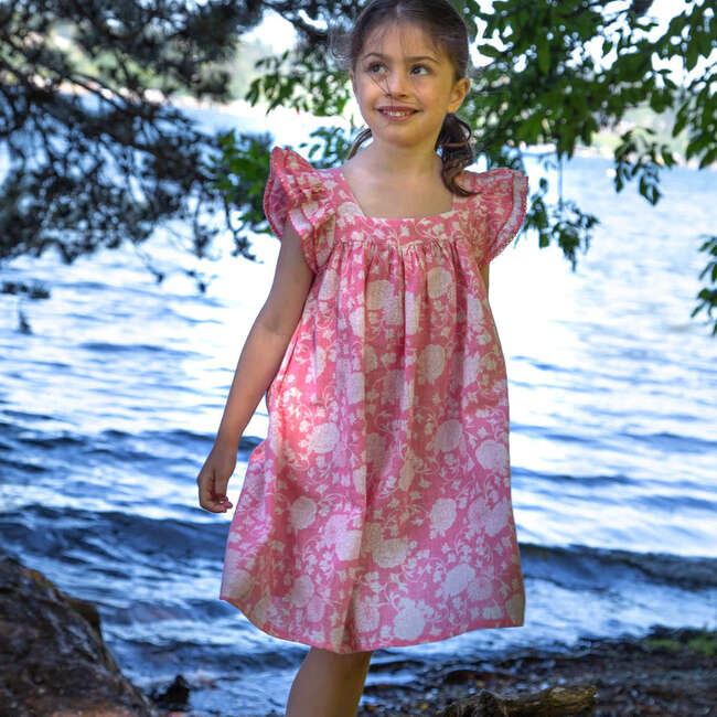 Girls Square Neck Dress, Pink and White Floral - Dresses - 2