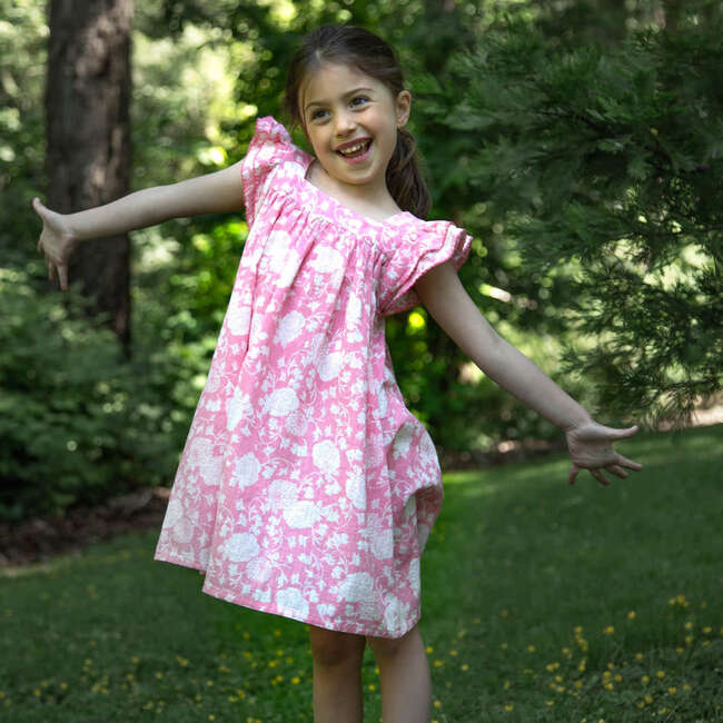 Girls Square Neck Dress, Pink and White Floral - Dresses - 3