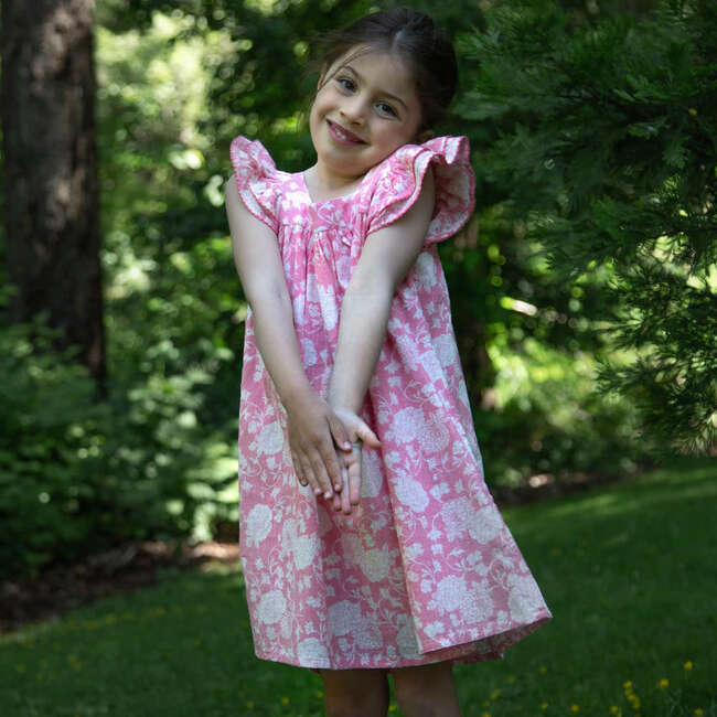 Girls Square Neck Dress, Pink and White Floral - Dresses - 6