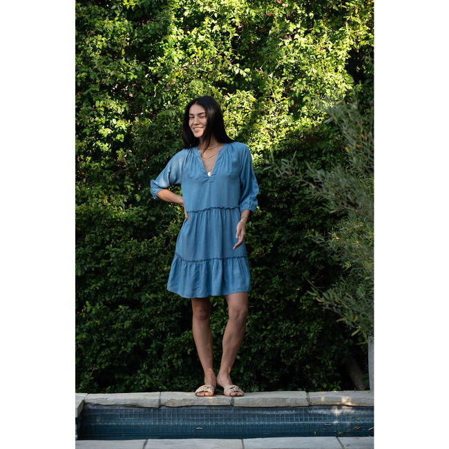 Women's Estella Chambray Ruffle Mini Dress, Blue - Dresses - 2