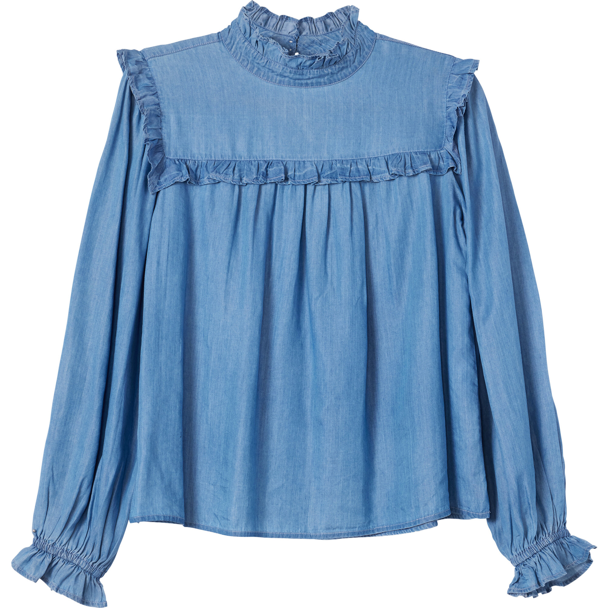 Women's Penelope Chambray Ruffle Top, Blue - Blouses - 1