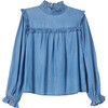 Women's Penelope Chambray Ruffle Top, Blue - Blouses - 1 - thumbnail