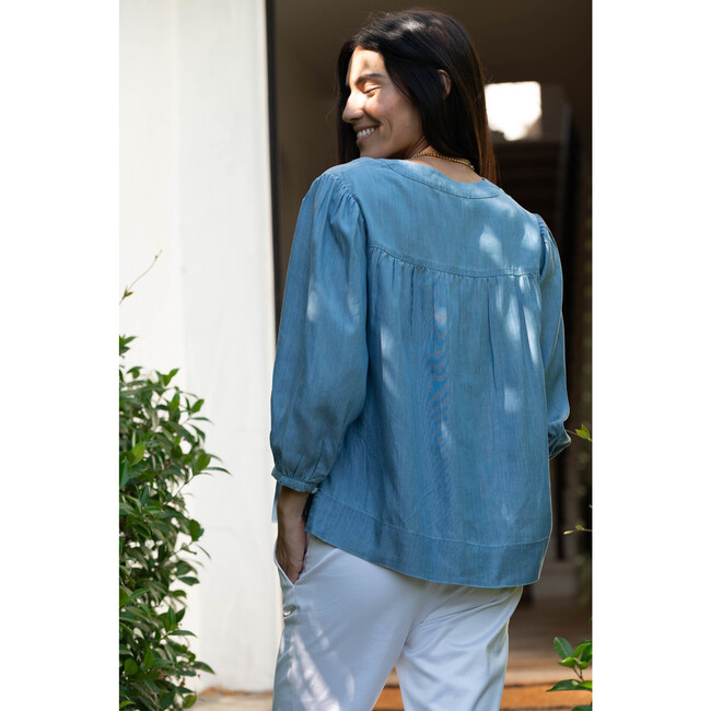 Women's Filippa Chambray Top, Blue - Blouses - 3