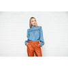 Women's Penelope Chambray Ruffle Top, Blue - Blouses - 2