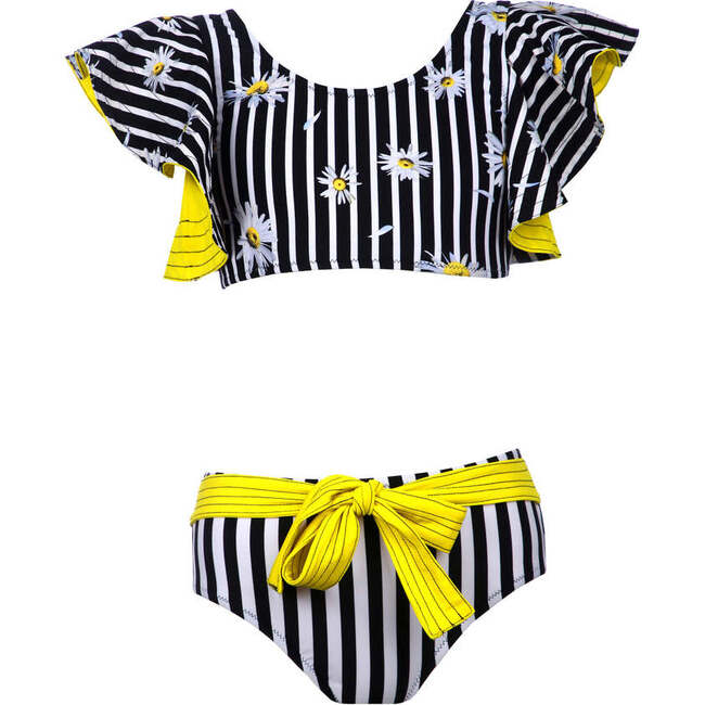 Kyo Floral Print Short Sleeve Two-Piece Bikini, Black & Yellow
