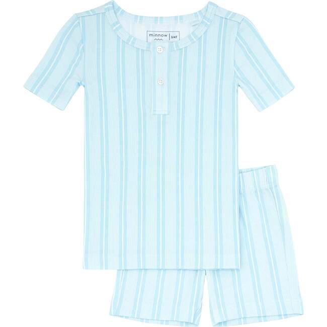 Unisex Pima Striped Shirt & Short Pajamas Set, Pacific Blue
