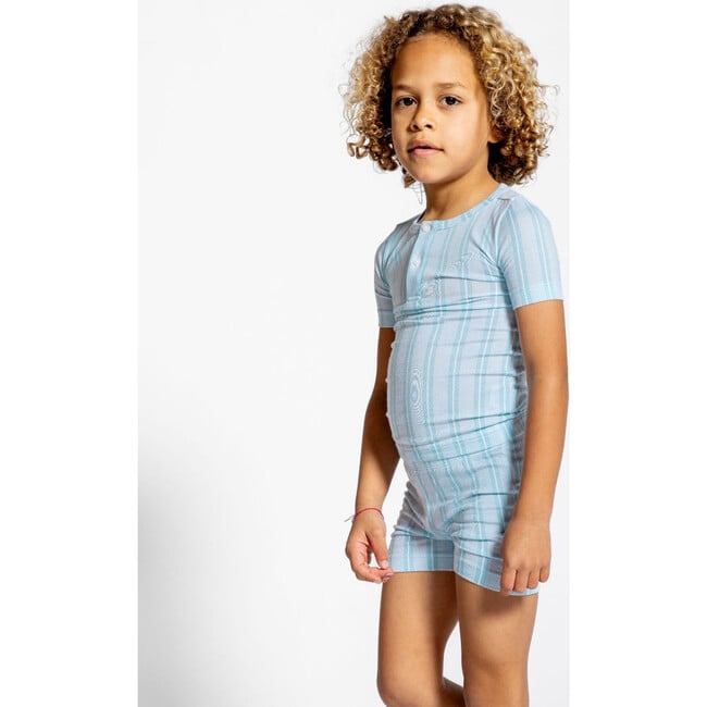 Unisex Pima Striped Shirt & Short Pajamas Set, Pacific Blue - Pajamas - 3