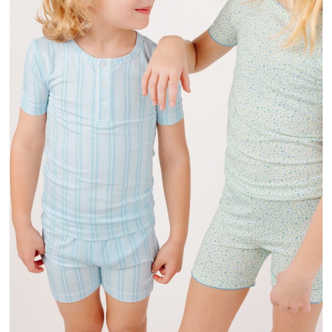 Unisex Pima Striped Shirt & Short Pajamas Set, Pacific Blue - Pajamas - 5