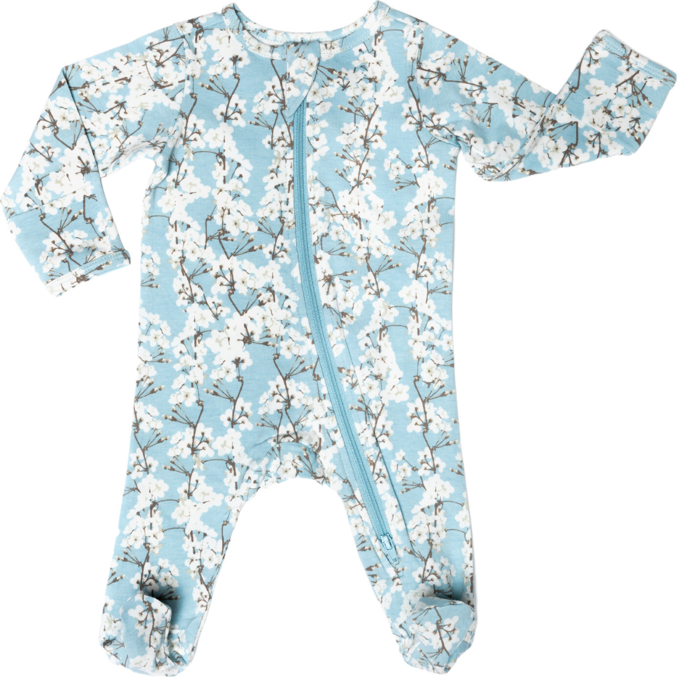 Print Zipped Long Sleeve Footed Onesie, Cherry Blossoms - Onesies - 1