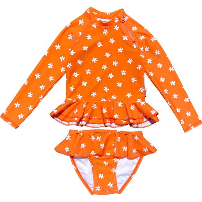 Reese 2-Piece Long Sleeve Peplum Top & Bottom Swimwear, Plumeria Orange