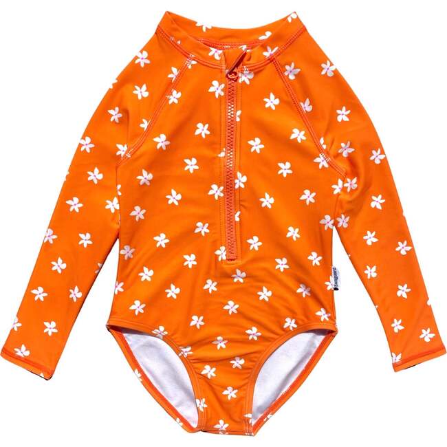 Nola Long-Sleeve One-Piece Swimsuit, Plumeria Orange