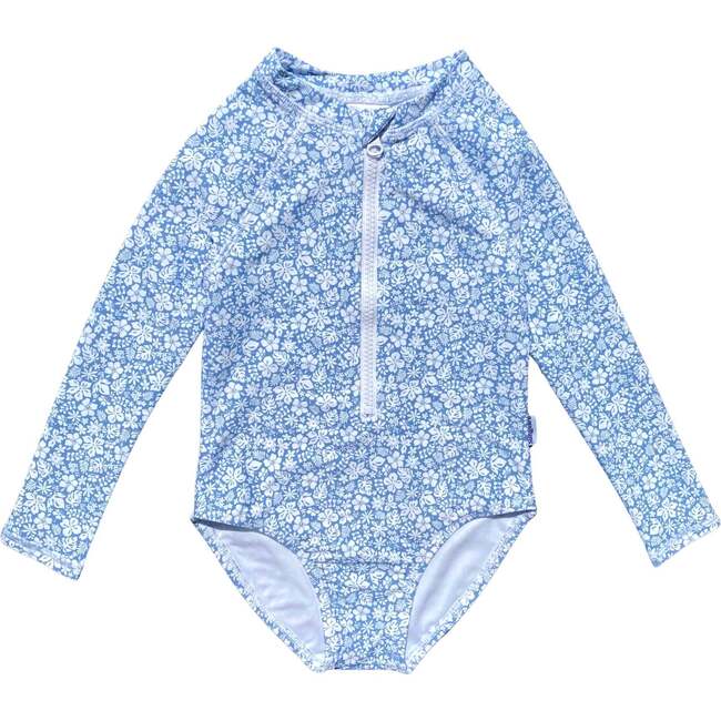 Nola Long-Sleeve One-Piece Swimsuit, Ditsy Tropical Blue
