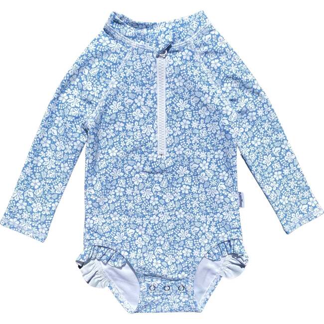 Baby Emily Halp-Zipped Long Raglan Sleeve Swimsuit, Ditsy Tropical Blue