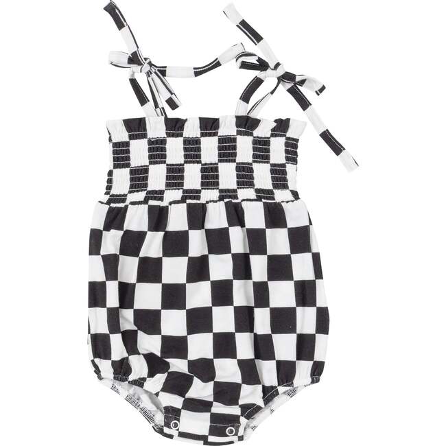 Checkerboard Tie Strap Smocked Bubble, Black