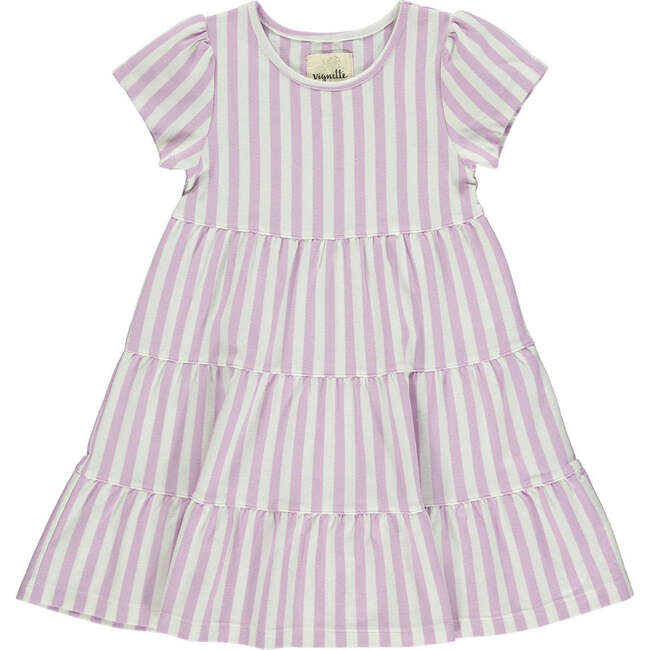 Iona Striped Short Sleeve 3-Tired Dress, Lavender & Cream