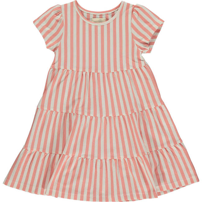 Iona Striped Short Sleeve 3-Tired Dress, Berry & Cream