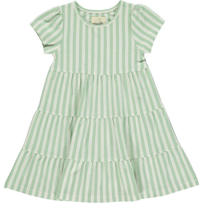 Iona Striped Short Sleeve 3-Tired Dress, Green & Cream