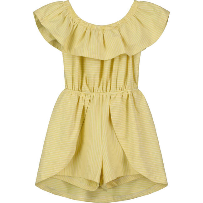 Dolly Striped Ruffle Neck Romper, yellow