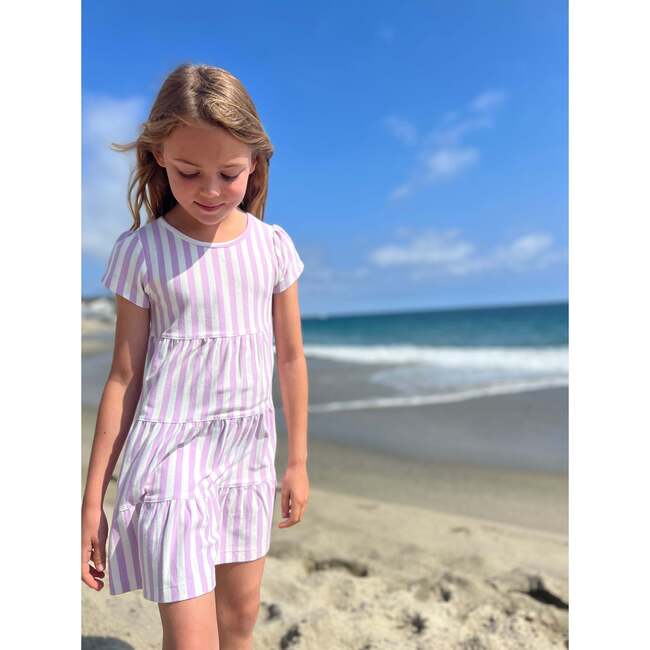 Iona Striped Short Sleeve 3-Tired Dress, Lavender & Cream - Dresses - 2